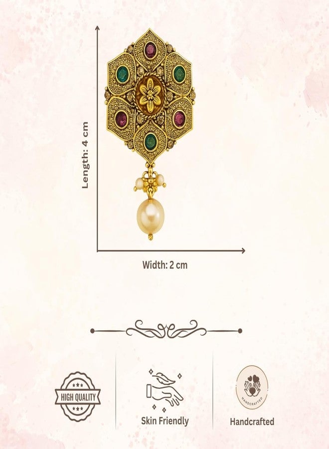 AccessHer Women's & Girls Gold-Plated Hexagon Saree Pin Brooch with Green & Red Stones & Pearl Drop Bridal Safety Pin for Saree Pleats, Gown, Dupatta, Shawl & Saree Pallu - Image 5