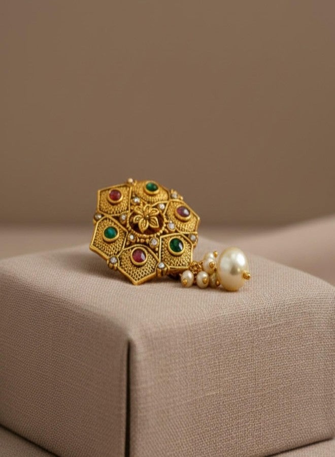 AccessHer Women's & Girls Gold-Plated Hexagon Saree Pin Brooch with Green & Red Stones & Pearl Drop Bridal Safety Pin for Saree Pleats, Gown, Dupatta, Shawl & Saree Pallu - Image 4