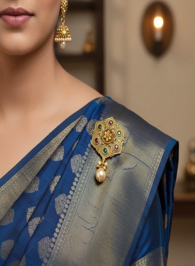 AccessHer Women's & Girls Gold-Plated Hexagon Saree Pin Brooch with Green & Red Stones & Pearl Drop Bridal Safety Pin for Saree Pleats, Gown, Dupatta, Shawl & Saree Pallu - Image 2