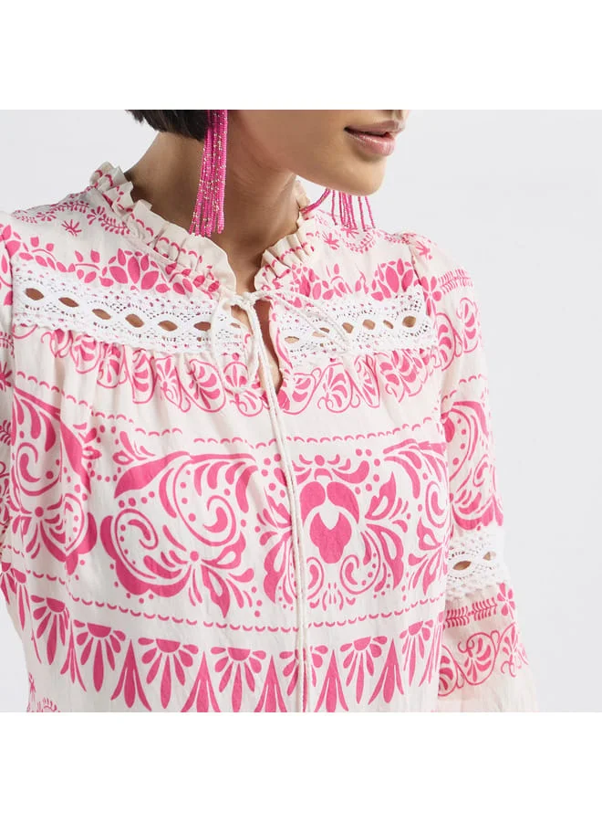 Splash FAV All-Over Print Tiered Dress with Ruffled Collar and Tie-Ups