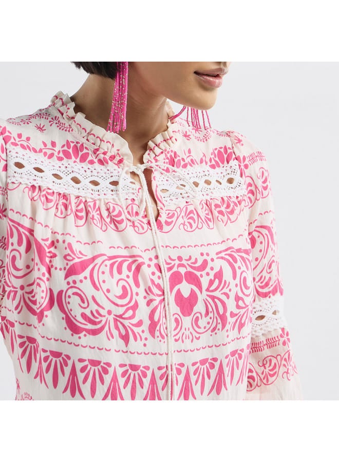 Splash FAV All-Over Print Tiered Dress with Ruffled Collar and Tie-Ups  - Image 4