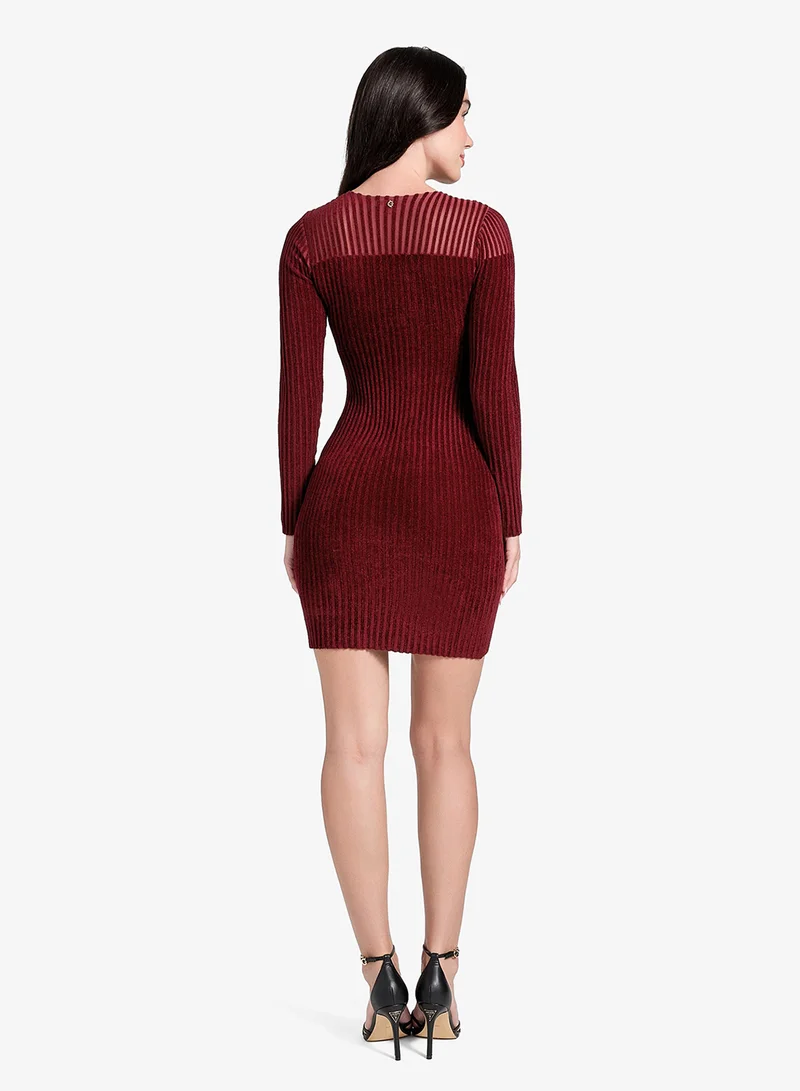 GUESS Long Sleeve Crew Neck Rowena Rib Chenille Dress