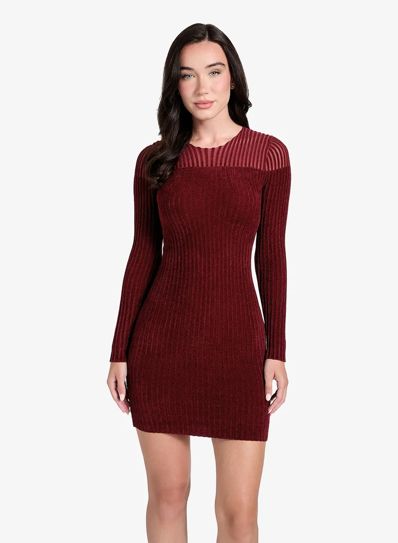 GUESS Long Sleeve Crew Neck Rowena Rib Chenille Dress