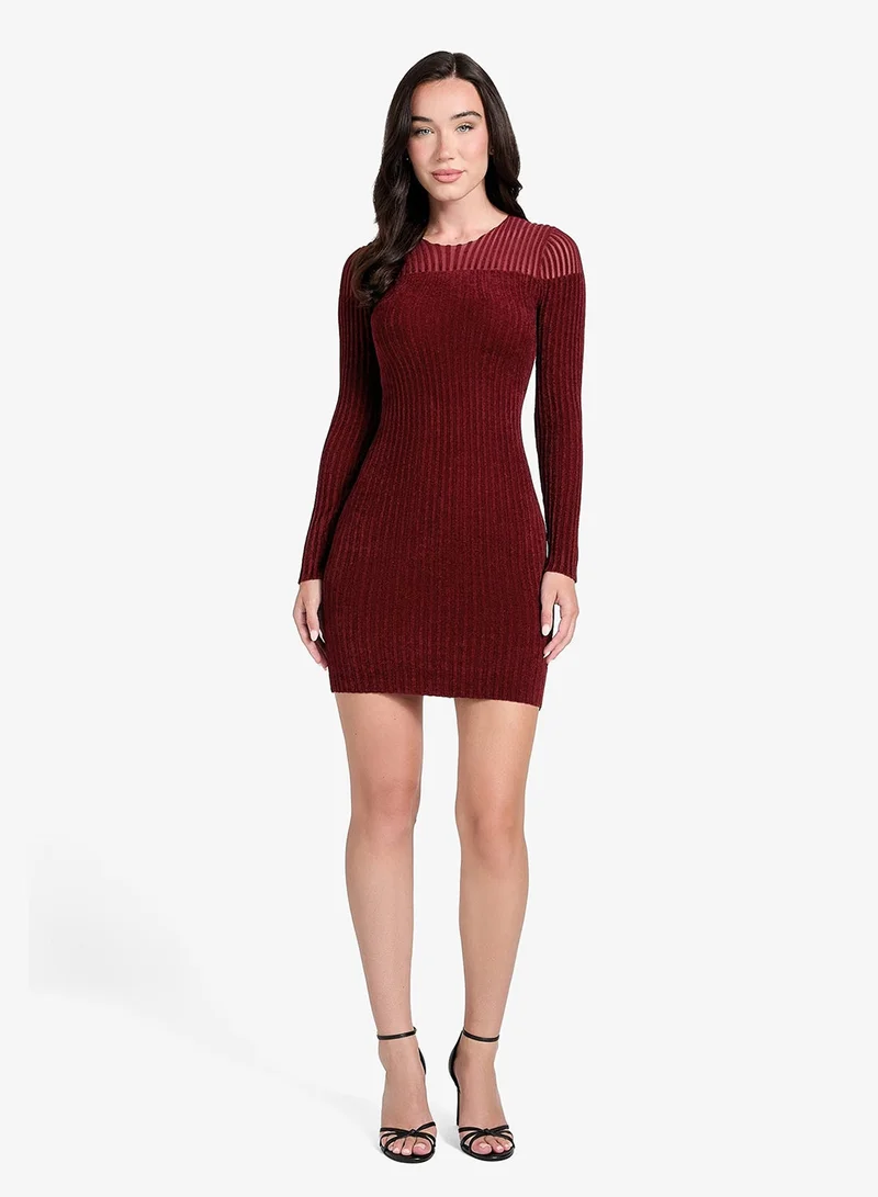 GUESS Long Sleeve Crew Neck Rowena Rib Chenille Mini Dress