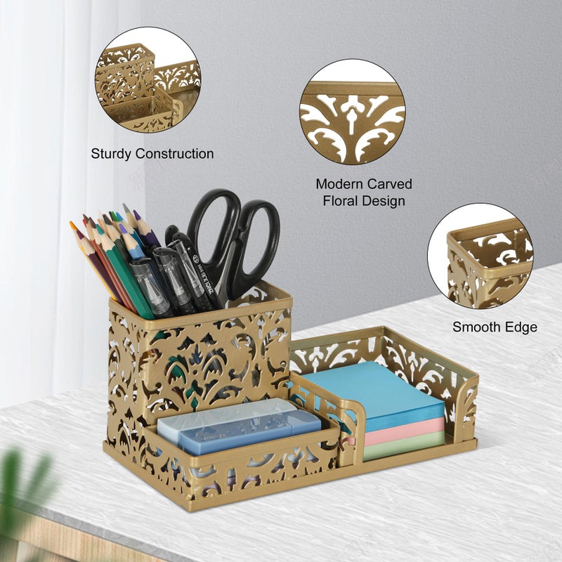EasyPAG Desk Organizer 3 Compartment Pen Holder for Desk Office Supplies Caddy with Sticky Notes Holder for School Home, Gold - Image 3
