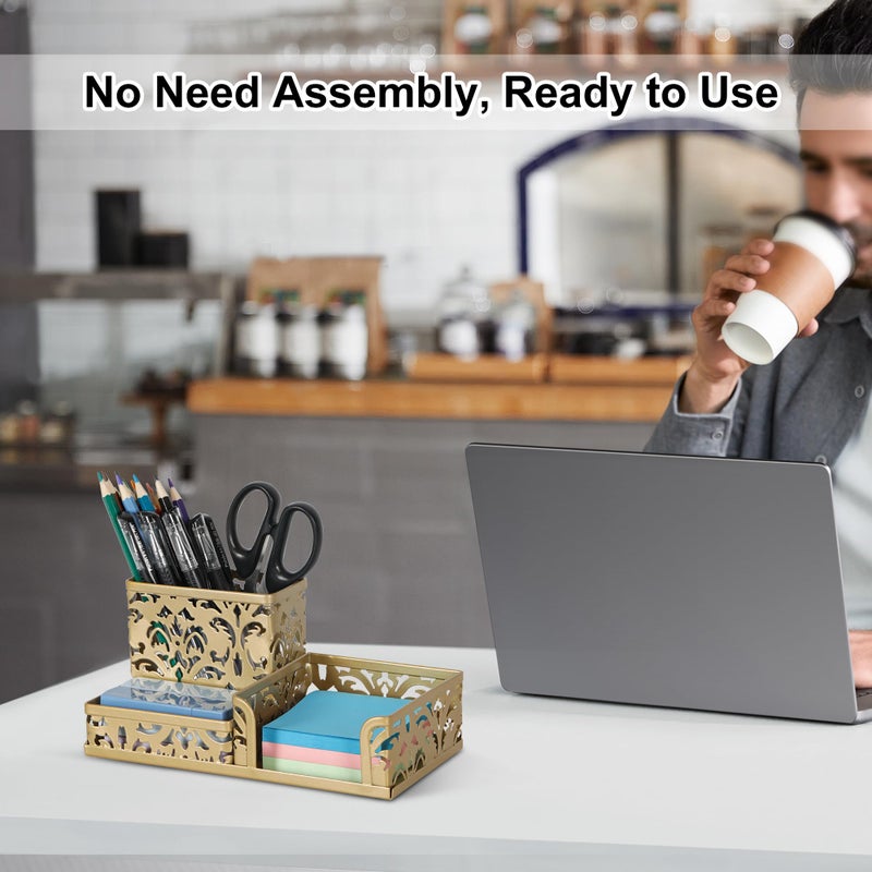 EasyPAG Desk Organizer 3 Compartment Pen Holder for Desk Office Supplies Caddy with Sticky Notes Holder for School Home, Gold - Image 5