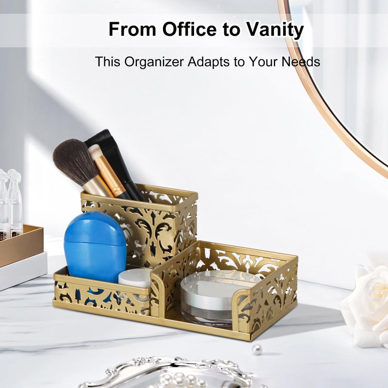 EasyPAG Desk Organizer 3 Compartment Pen Holder for Desk Office Supplies Caddy with Sticky Notes Holder for School Home, Gold - Image 4