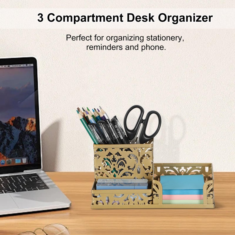 EasyPAG Desk Organizer 3 Compartment Pen Holder for Desk Office Supplies Caddy with Sticky Notes Holder for School Home, Gold - Image 2