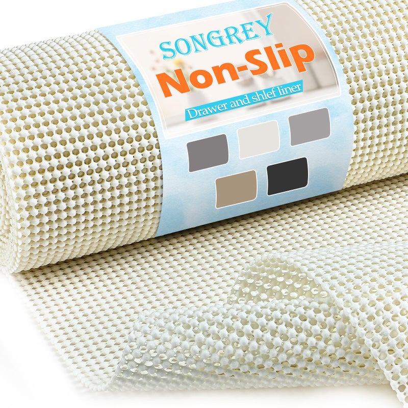 Songrey بطانة أدراج ورفوف غير لاصقة من سونغري، بطانات خزائن غير قابلة للانزلاق، حماية لخزائن المطبخ، أدراج الحمام، قابلة للتنفس، سجادة سميكة ذات قبضة قوية (12 بوصة × 20 قدم، كريمي) - Image 1