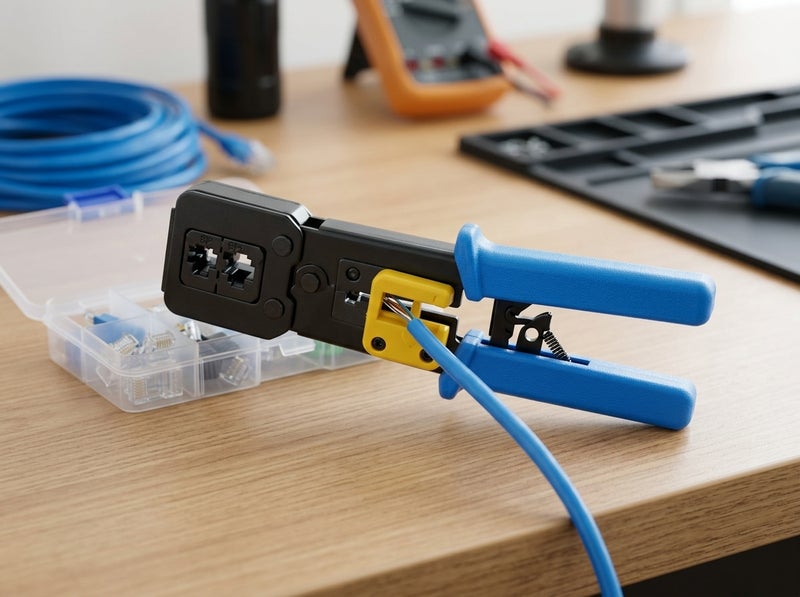 EZ Crimping Tool for Network and Telephone Cables in Black and Blue, Supports Crimping, Cutting, and Stripping, with a Durable Design and Comfortable Grip for Professional Use. - Image 2