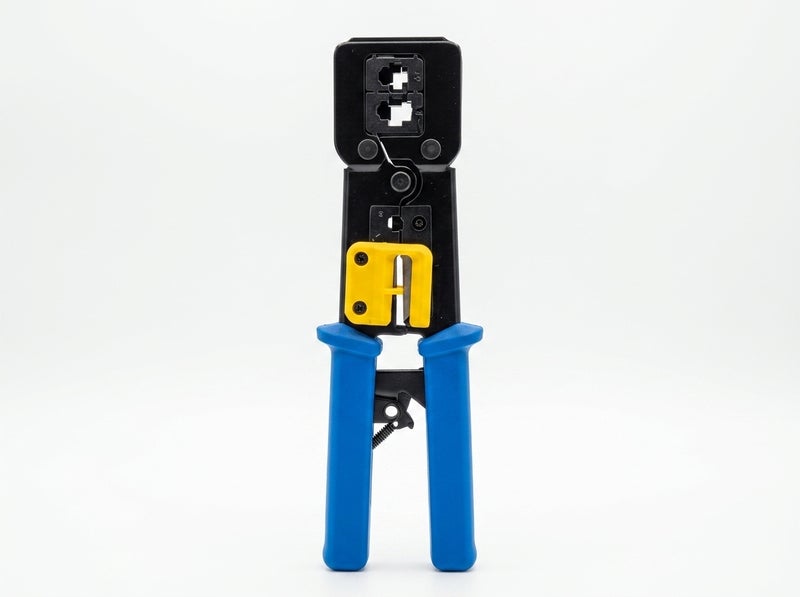 EZ Crimping Tool for Network and Telephone Cables in Black and Blue, Supports Crimping, Cutting, and Stripping, with a Durable Design and Comfortable Grip for Professional Use. - Image 1