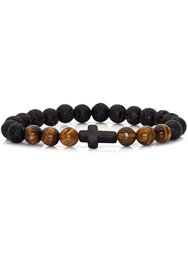 Arabest Cross Bead Bracelet 8MM Lava Rock Turquoise Tiger Eye Onyx Stone Bracelet,7 1/2 Wrist - Image 1
