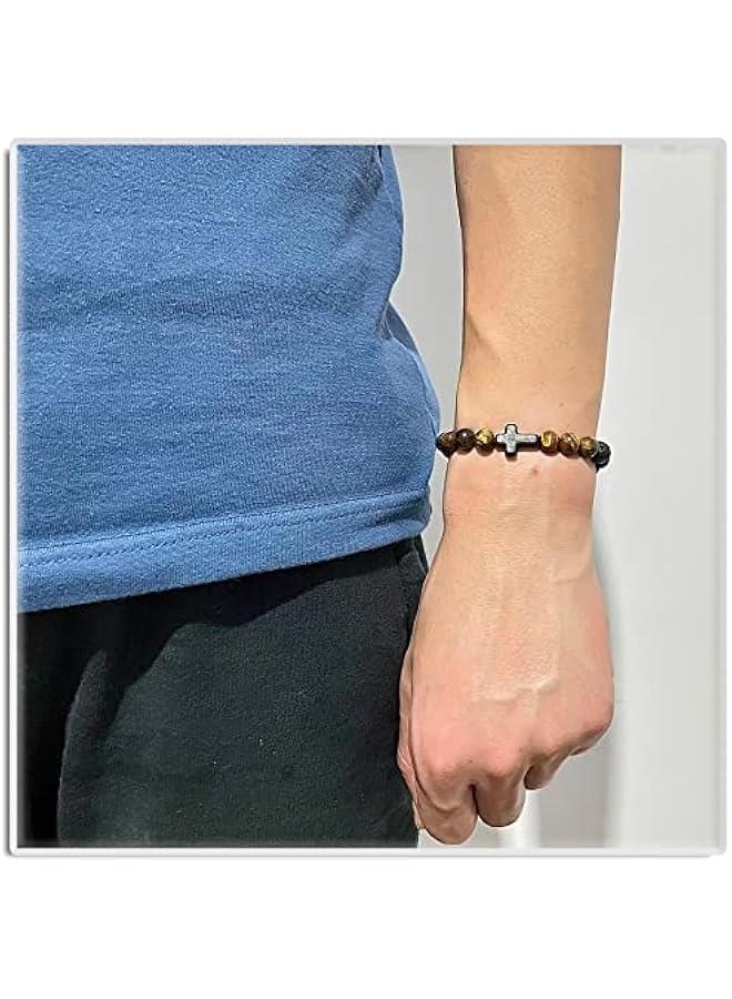 Arabest Cross Bead Bracelet 8MM Lava Rock Turquoise Tiger Eye Onyx Stone Bracelet,7 1/2 Wrist - Image 2