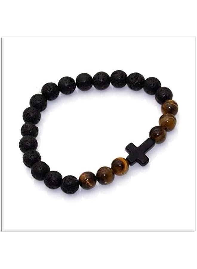 Arabest Cross Bead Bracelet 8MM Lava Rock Turquoise Tiger Eye Onyx Stone Bracelet,7 1/2 Wrist - Image 5