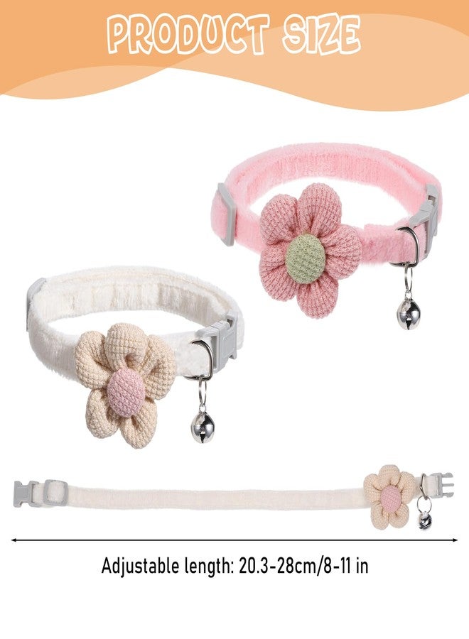 Styquenzer طوق للقطط الصغيرة مع جرس، قطعتان من أطواق القطط القابلة للتعديل للقطط الإناث، طوق صغير لطيف مزين بالزهور للقطط والجراء والحيوانات الأليفة الصغيرة (أبيض، وردي) - Image 2