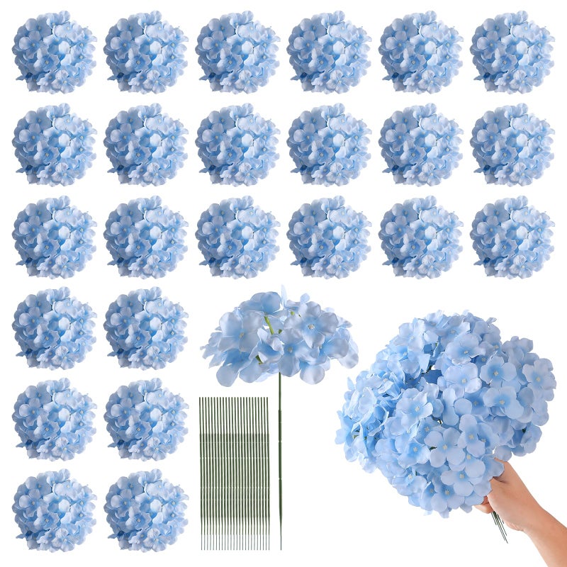 Tifuly 24 Pcs Blue Hydrangea Artificial Flowers Bulk, Faux Hydrangea Full Flowers Heads with Stems, Fake Silk Flowers for Wedding, Garden, Home, Party Decoration - Image 1
