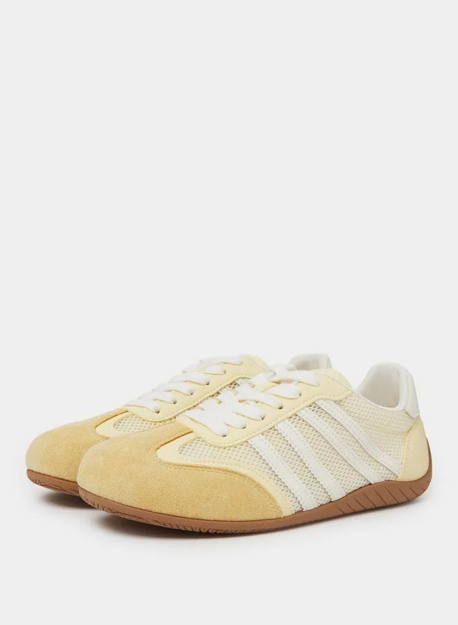Styli Yellow Mesh Details 4 Stripes Sports Sneakers