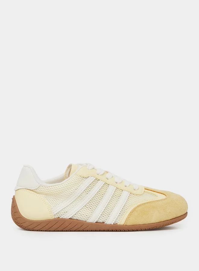 Styli Yellow Mesh Details 4 Stripes Sports Sneakers