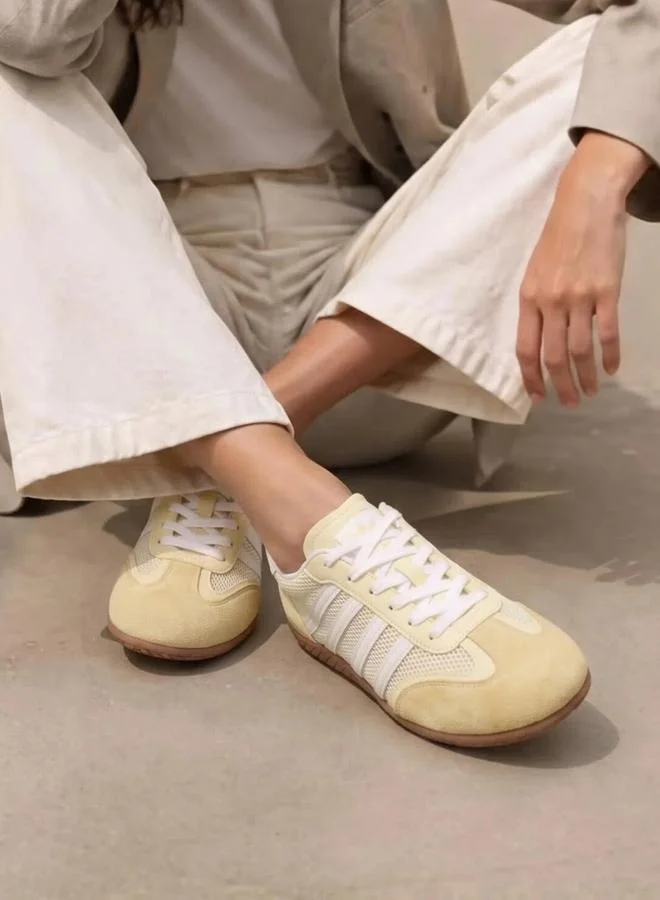 Styli  Yellow Mesh Details 4 Stripes Sports Sneakers for Women | Best Price UAE