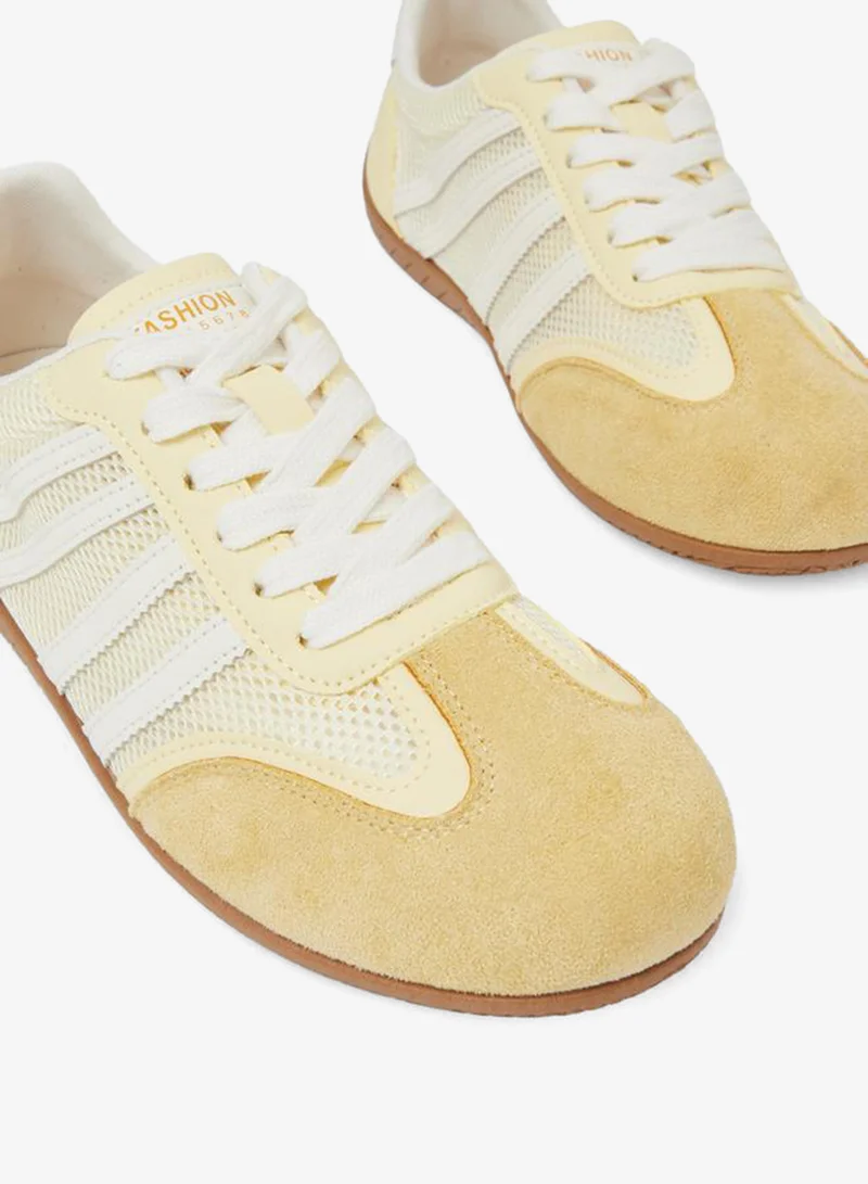 Styli  Yellow Mesh Details 4 Stripes Sports Sneakers for Women | Best Price UAE