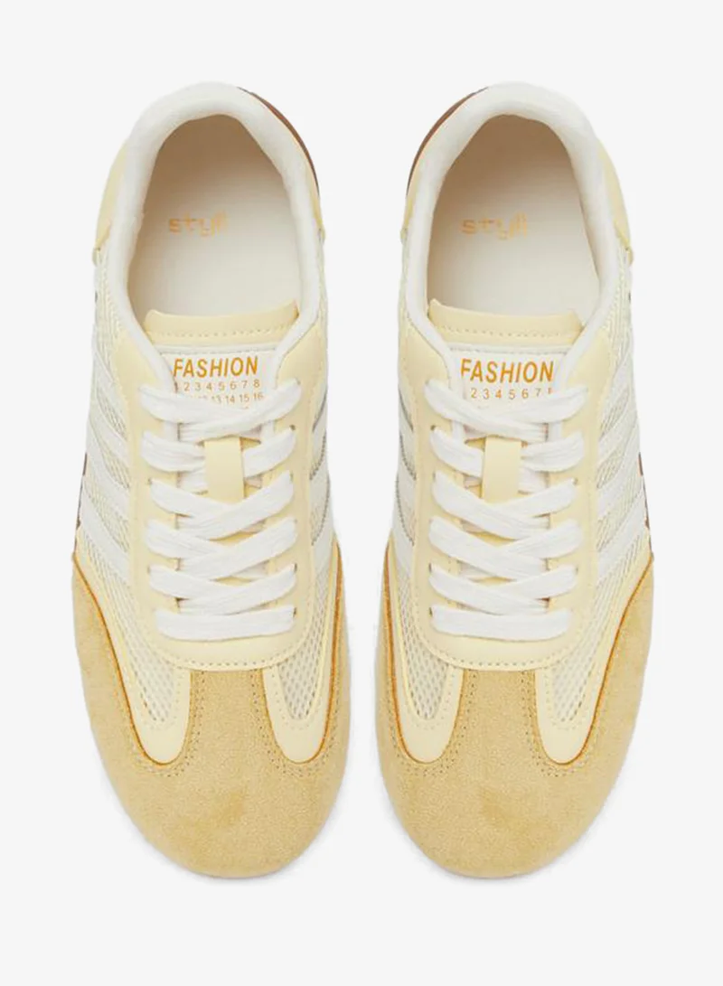 Styli  Yellow Mesh Details 4 Stripes Sports Sneakers for Women | Best Price UAE