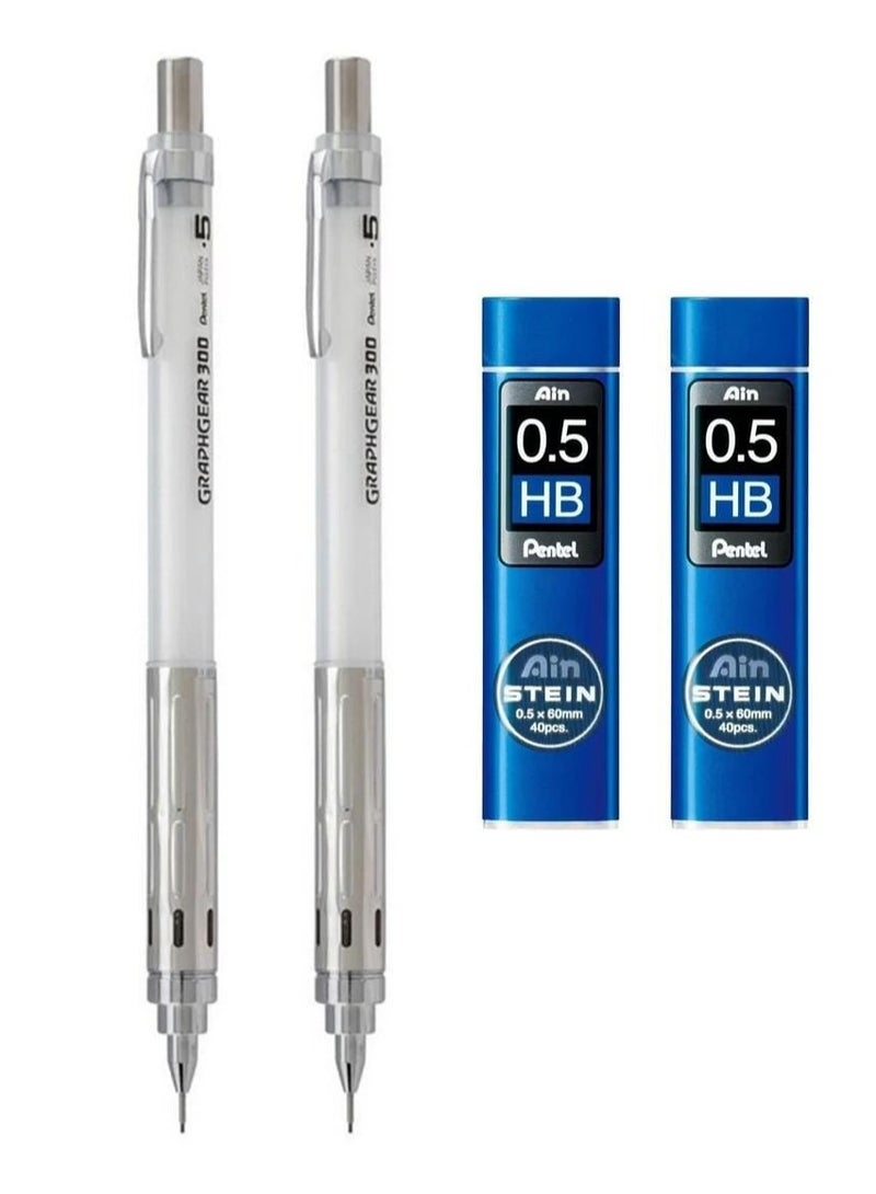 Pentel قلم رصاص ميكانيكي جراف جير 300 من قطعتين برأس 0.5 مم برميل أبيض مع عبوتين من الرصاص - Image 1