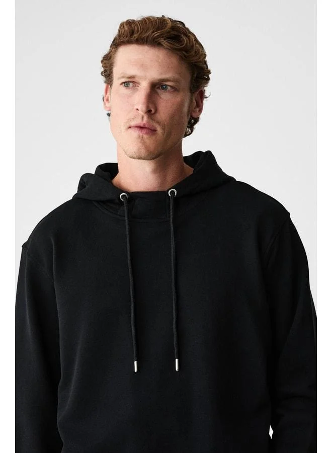 Grimelange ALESSIO Men's 100% Cotton Hooded Sweatshirt with Cord Detail Oversized Fit Black.