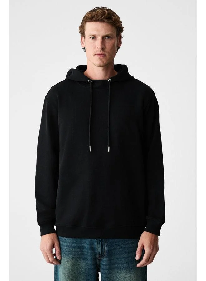 Grimelange ALESSIO Men's 100% Cotton Hooded Sweatshirt with Cord Detail Oversized Fit Black.