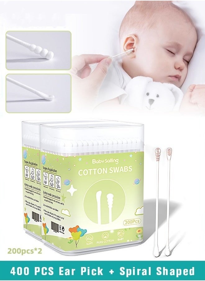 MIXDE 400PCS Baby Cotton Swabs,  Double-headed Ear Spoon, Baby Cotton Buds, Baby Cotton Safe Swabs for Delicate Baby Ear Nose, 100% Pure Organic Cotton,100% Biodegradable Chlorine Free u0026 Hypoallergenic  - Image 1