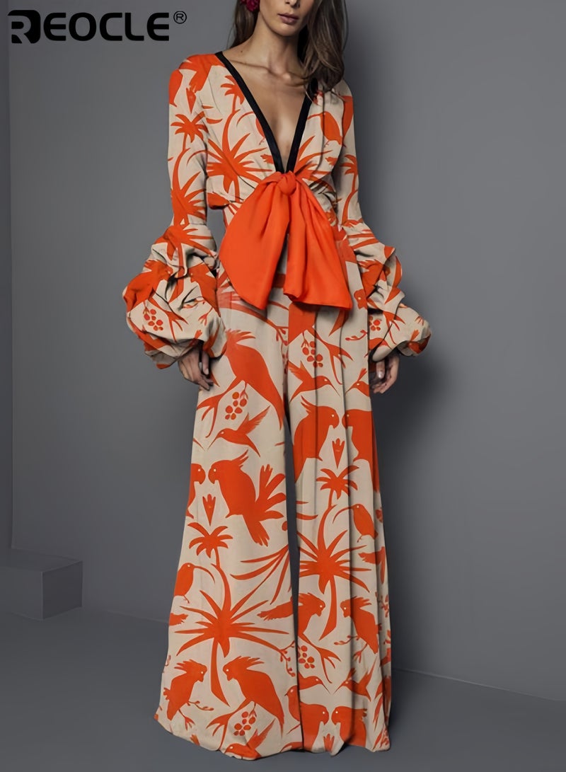 ريوكل بدلة نسائية مزينة بنقوش زهور على شكل حرف V مع تصميم فضفاض كلاسيكي مزودة برباط مناسب للحفلات والعشاء - Image 1