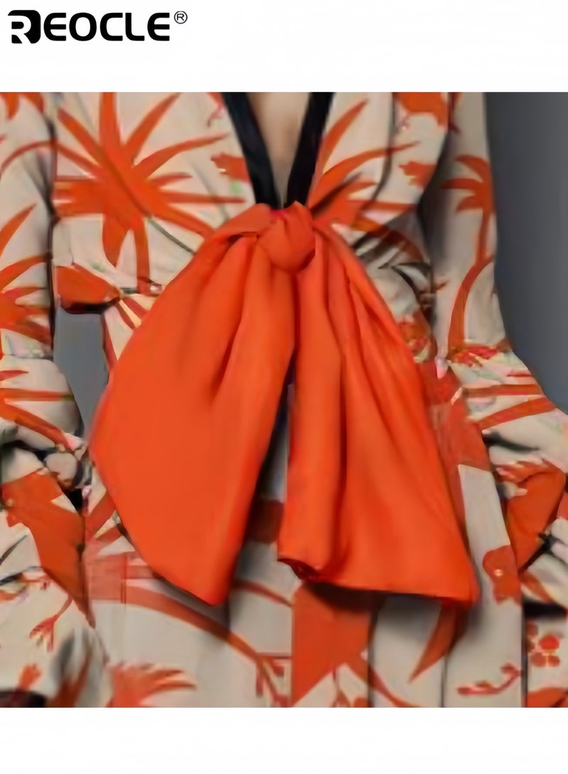 ريوكل بدلة نسائية مزينة بنقوش زهور على شكل حرف V مع تصميم فضفاض كلاسيكي مزودة برباط مناسب للحفلات والعشاء - Image 2