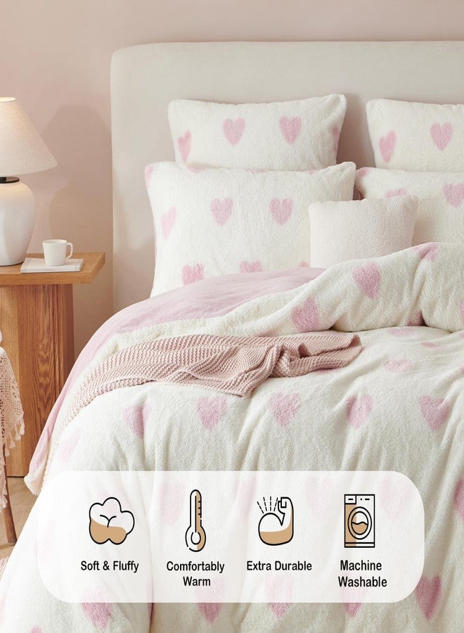 Nayoroom Fluffy Duvet Cover Set Twin Size Faux Fur Velvet Flannel Pink Heart Comforter Cover 2 Pcs Winter Warm Luxury Soft Shaggy Plush Fuzzy Bedding Set with Zipper Closure Valentines Day Gifts - Image 4