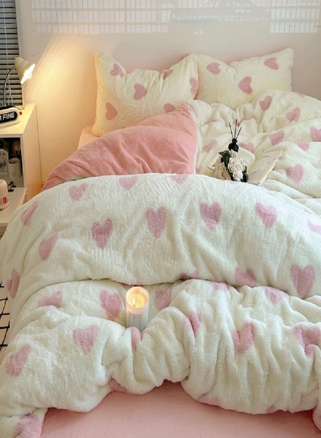 Nayoroom Fluffy Duvet Cover Set Twin Size Faux Fur Velvet Flannel Pink Heart Comforter Cover 2 Pcs Winter Warm Luxury Soft Shaggy Plush Fuzzy Bedding Set with Zipper Closure Valentines Day Gifts - Image 1