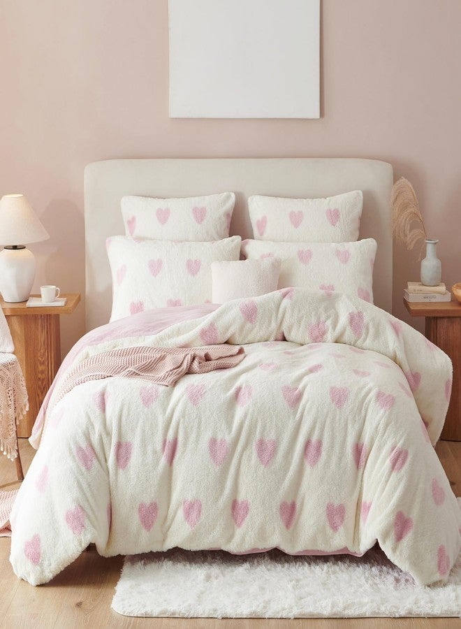 Nayoroom Fluffy Duvet Cover Set Twin Size Faux Fur Velvet Flannel Pink Heart Comforter Cover 2 Pcs Winter Warm Luxury Soft Shaggy Plush Fuzzy Bedding Set with Zipper Closure Valentines Day Gifts - Image 5