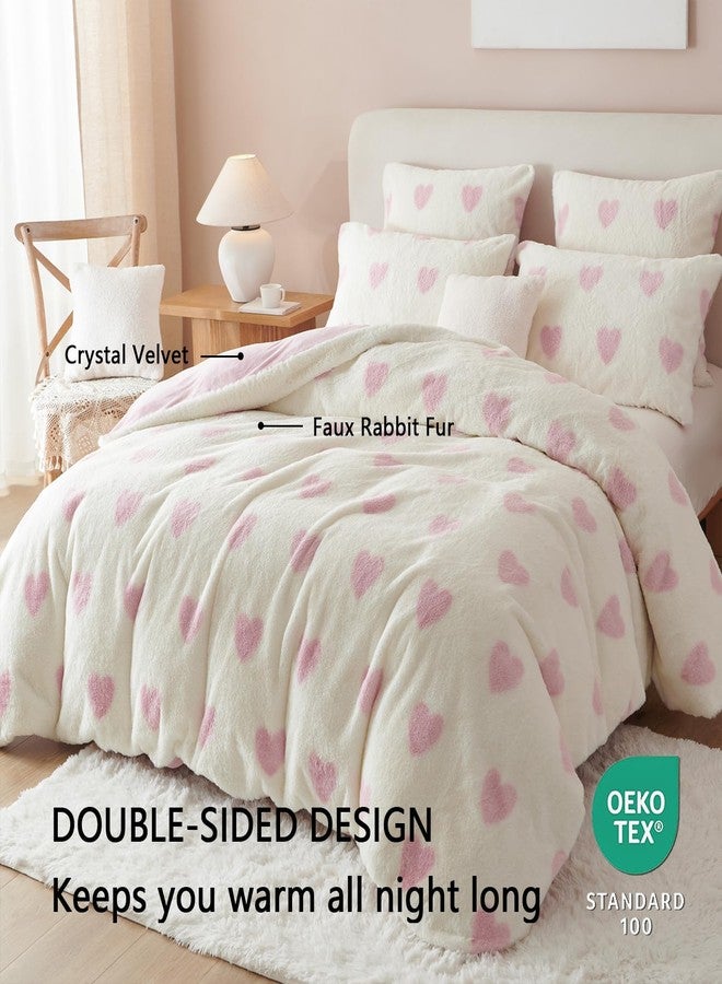 Nayoroom Fluffy Duvet Cover Set Twin Size Faux Fur Velvet Flannel Pink Heart Comforter Cover 2 Pcs Winter Warm Luxury Soft Shaggy Plush Fuzzy Bedding Set with Zipper Closure Valentines Day Gifts - Image 3