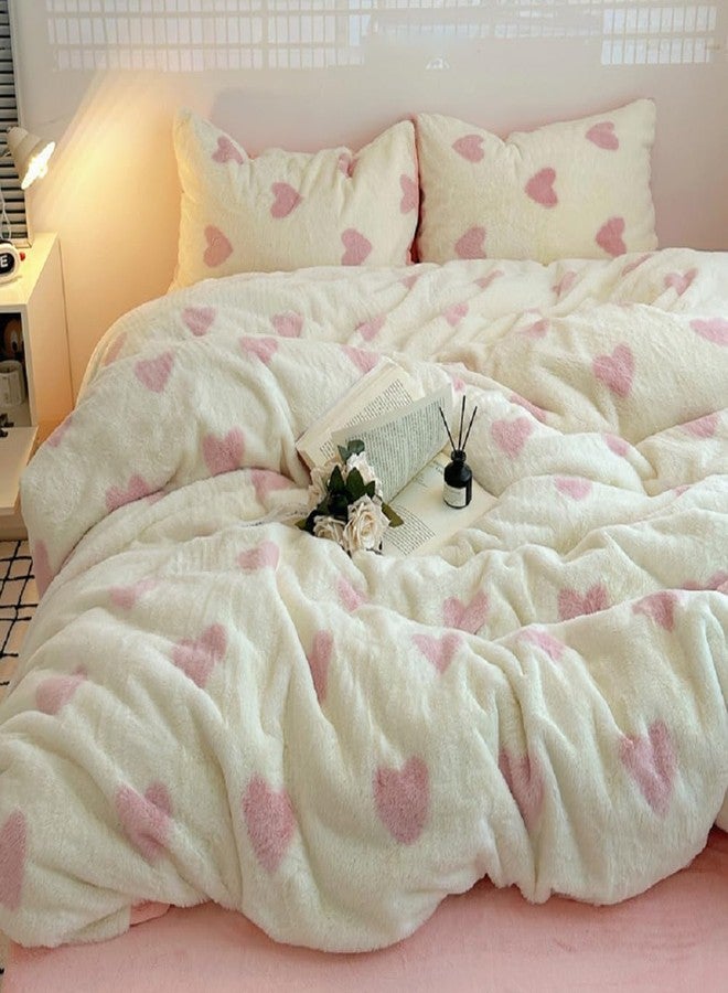 Nayoroom Fluffy Duvet Cover Set Twin Size Faux Fur Velvet Flannel Pink Heart Comforter Cover 2 Pcs Winter Warm Luxury Soft Shaggy Plush Fuzzy Bedding Set with Zipper Closure Valentines Day Gifts - Image 2