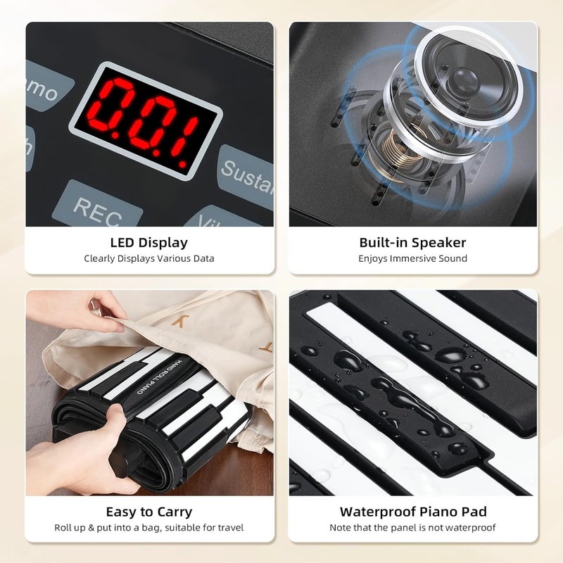 POGOLAB 61 مفتاح بيانو لوحة مفاتيح قابلة للف، بيانو كهربائي محمول قابل للطي مع شاشة LED، قابل لإعادة الشحن وإخراج USB-MIDI، مدمج 15 أغنية تجريبية، 128 نغمة، 128 إيقاعًا، هدية موسيقية للمبتدئين - Image 4