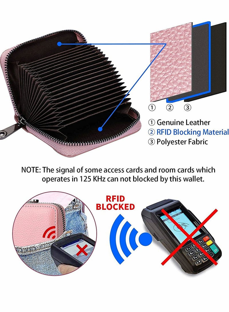 KASTWAVE Card Cases, RFID 20 Card Slots Credit Card Holder Genuine Leather Small Card Case for Women or Men Accordion Wallet with Zipper (Pink) - Image 3