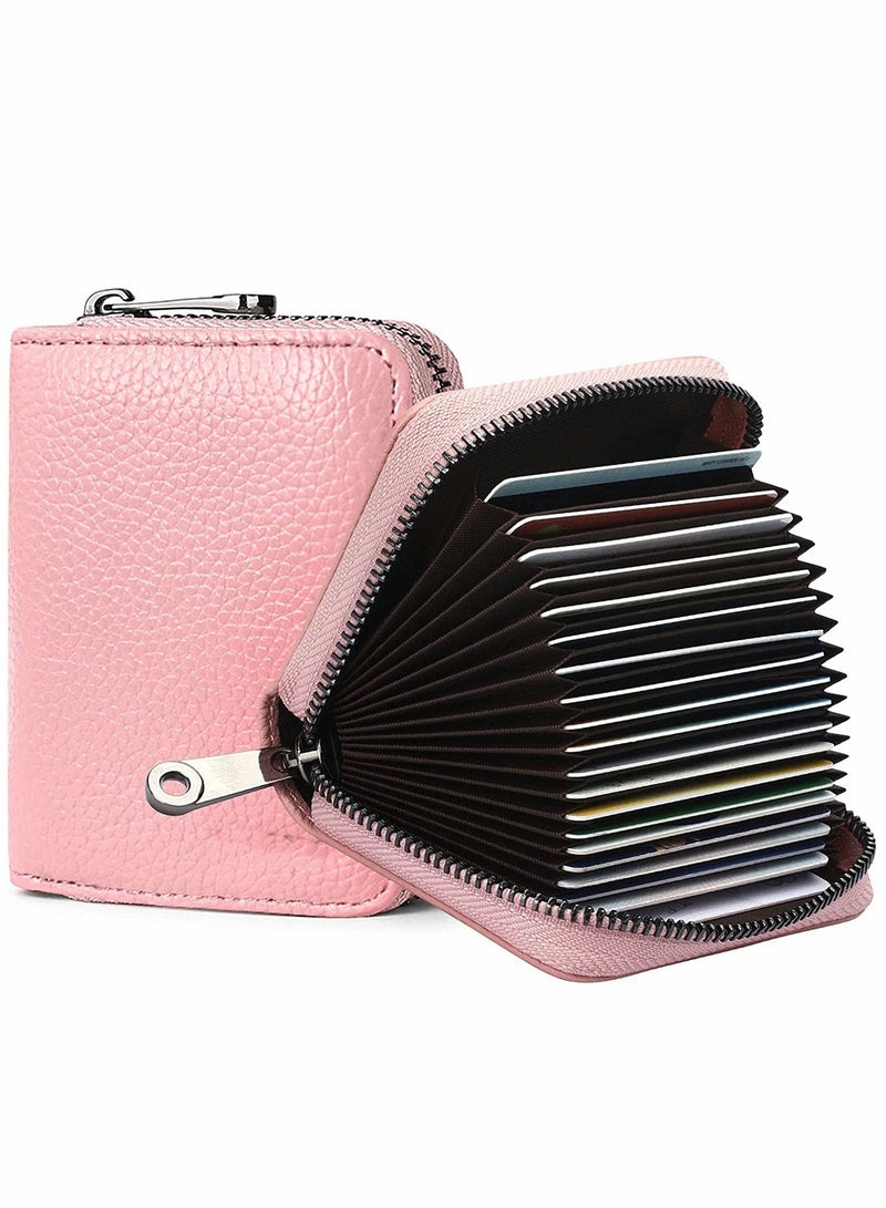 KASTWAVE Card Cases, RFID 20 Card Slots Credit Card Holder Genuine Leather Small Card Case for Women or Men Accordion Wallet with Zipper (Pink) - Image 1
