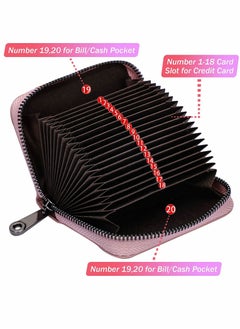 KASTWAVE Card Cases, RFID 20 Card Slots Credit Card Holder Genuine Leather Small Card Case for Women or Men Accordion Wallet with Zipper (Pink)  - Image 2