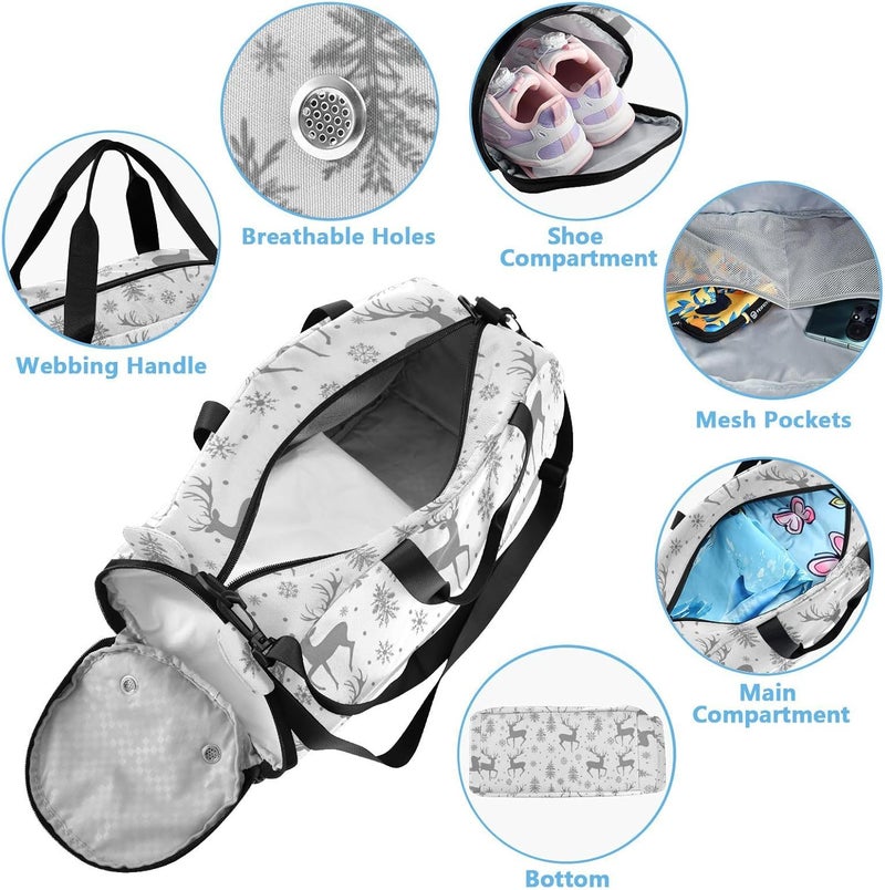 Deer and Snowflakes Grey Kids Duffel Bag with Shoes Compartment Lightweight Weekend Overnight Carry on Bag for Travel, Swimming, Dance, Ballet - Image 4