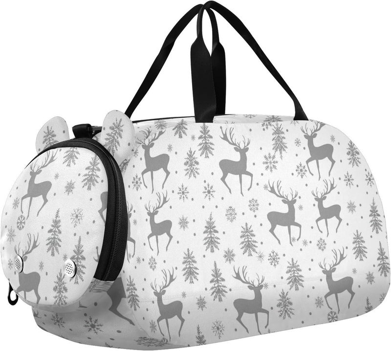Deer and Snowflakes Grey Kids Duffel Bag with Shoes Compartment Lightweight Weekend Overnight Carry on Bag for Travel, Swimming, Dance, Ballet - Image 1
