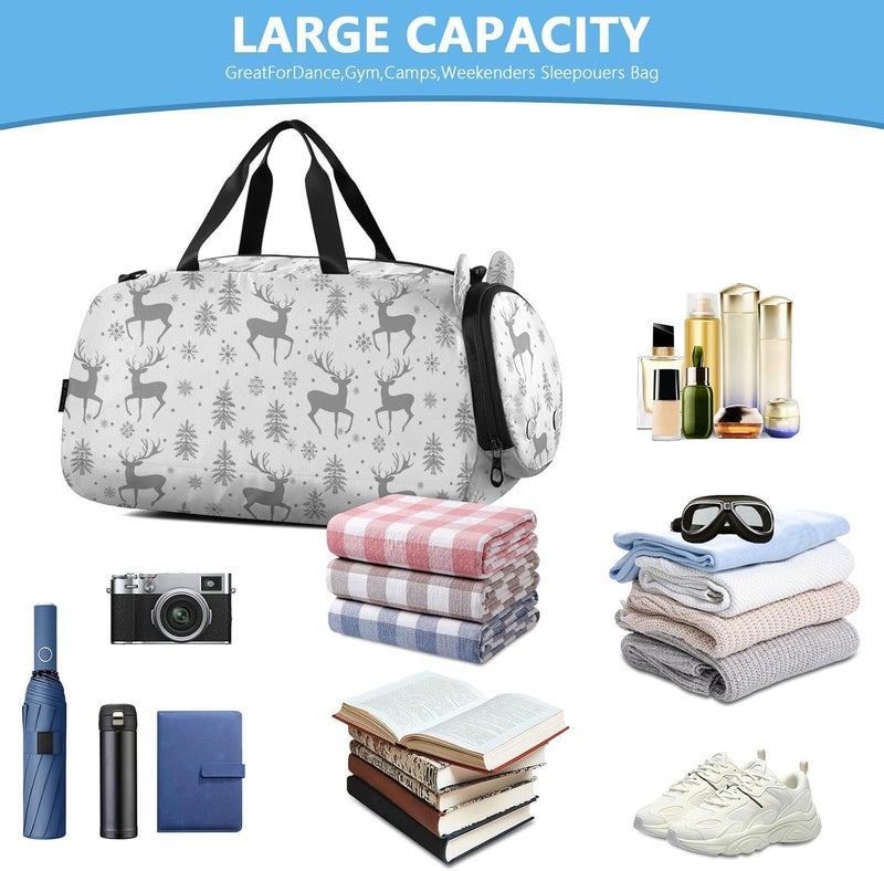 Deer and Snowflakes Grey Kids Duffel Bag with Shoes Compartment Lightweight Weekend Overnight Carry on Bag for Travel, Swimming, Dance, Ballet - Image 5