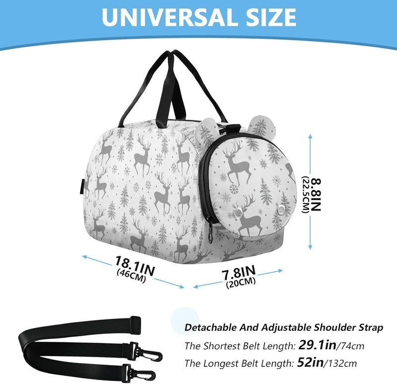 Deer and Snowflakes Grey Kids Duffel Bag with Shoes Compartment Lightweight Weekend Overnight Carry on Bag for Travel, Swimming, Dance, Ballet - Image 3