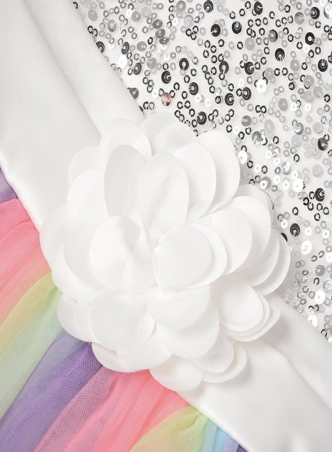 Uhnice Little Girl's Sequin Sleeveless Mesh Rainbow Dress for Wedding Party (White, 5-6/130) - Image 2