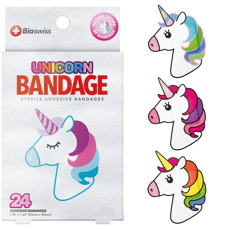 BioSwiss Bandages Unicorn Shaped Self Adhesive Bandage Set Latex Free Sterile Wound Care 24 Count
