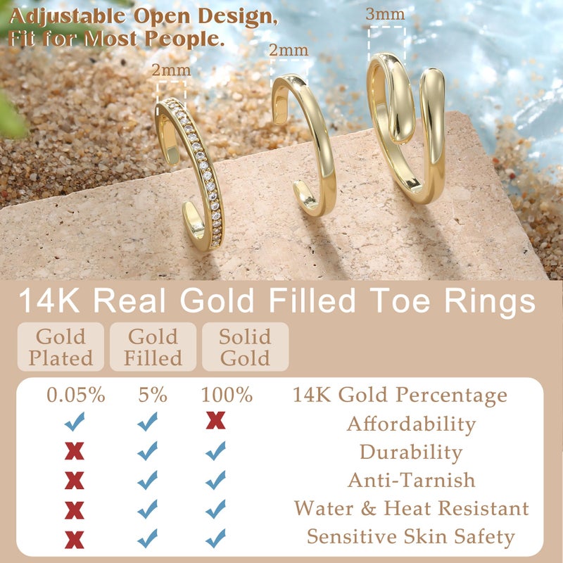 MILACOLATO 3Pcs Toe Rings for Women Non Tarnish 14K Gold Filled Toe Rings Set Teardrop CZ Band Adjustable Toe Ring Summer Beach Foot Jewelry - Image 2
