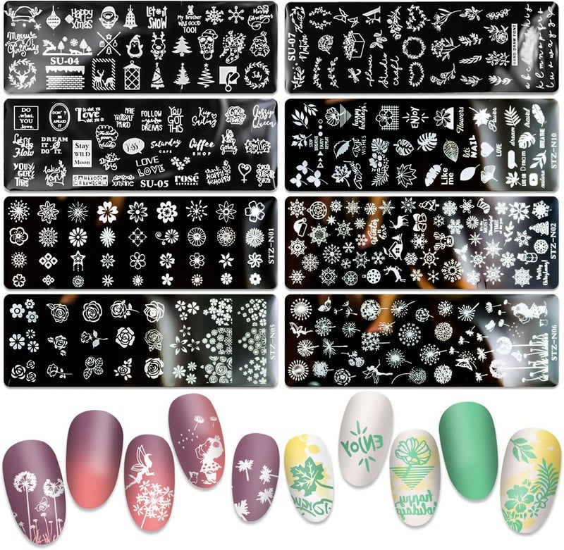 SILPECWEE 8 Pieces Nail Stamping Plate Flower Leaf Holiday Nail Stamps Nail Art Stencils Stamping Plates For Nails Manicure Stamping Kit