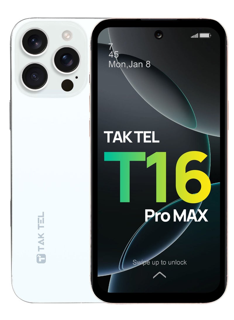 TAK TEL TAK TEL T16 Pro MAX Android Smartphone, 12GB RAM-128GB Storage, 16MP AI Dual Camera Ultra Sharp FHD+ Display   (WHITE)  - Image 1
