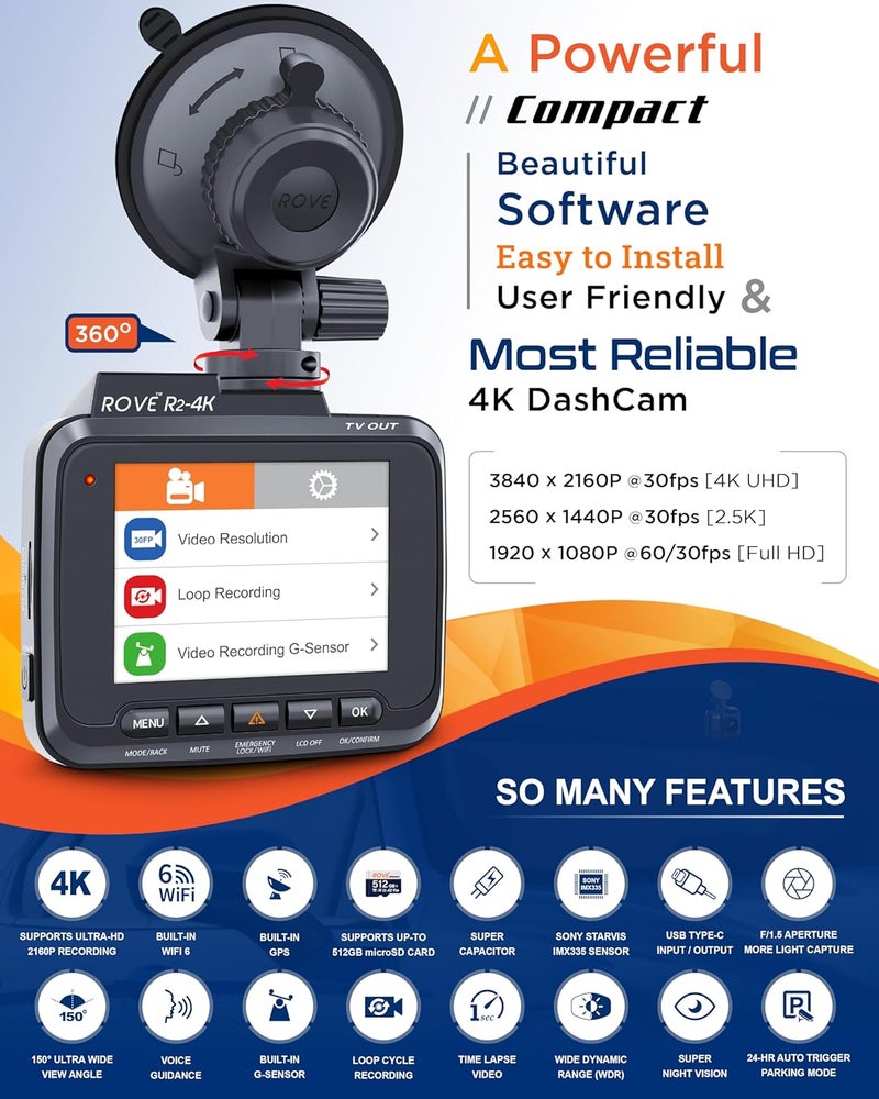 ROVE R2-4K Dash Cam Built-in WiFi 6 GPS Car Dashboard Camera Recorder with UHD 2160P, 2.4" IPS Screen, 150° Wide Angle, WDR, Night Vision - Image 2